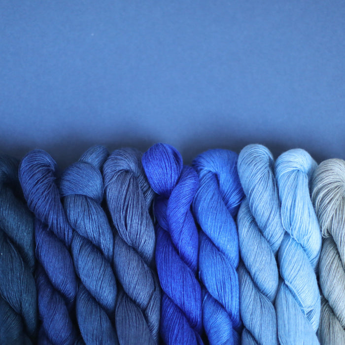 lino muka in shades of blue